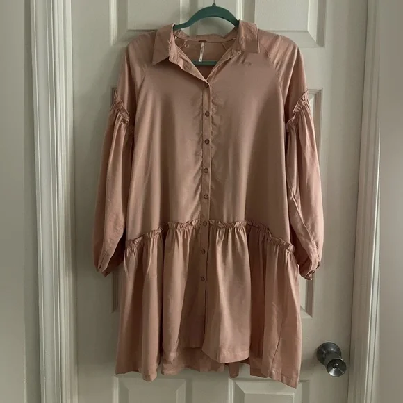 Free People Peach/pink Button Down Babydoll Mini Dress. Oversized. Size S. EUC! - Picture 1 of 12